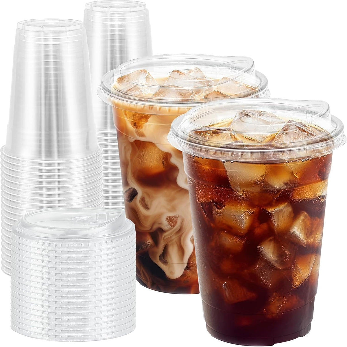 BYSNOW Paquete de 100 vasos de plástico transparente de 473 ml con tapa, vasos desechables para café helado con tapa para beber, vasos de plástico resistentes para batidos y bebidas frías