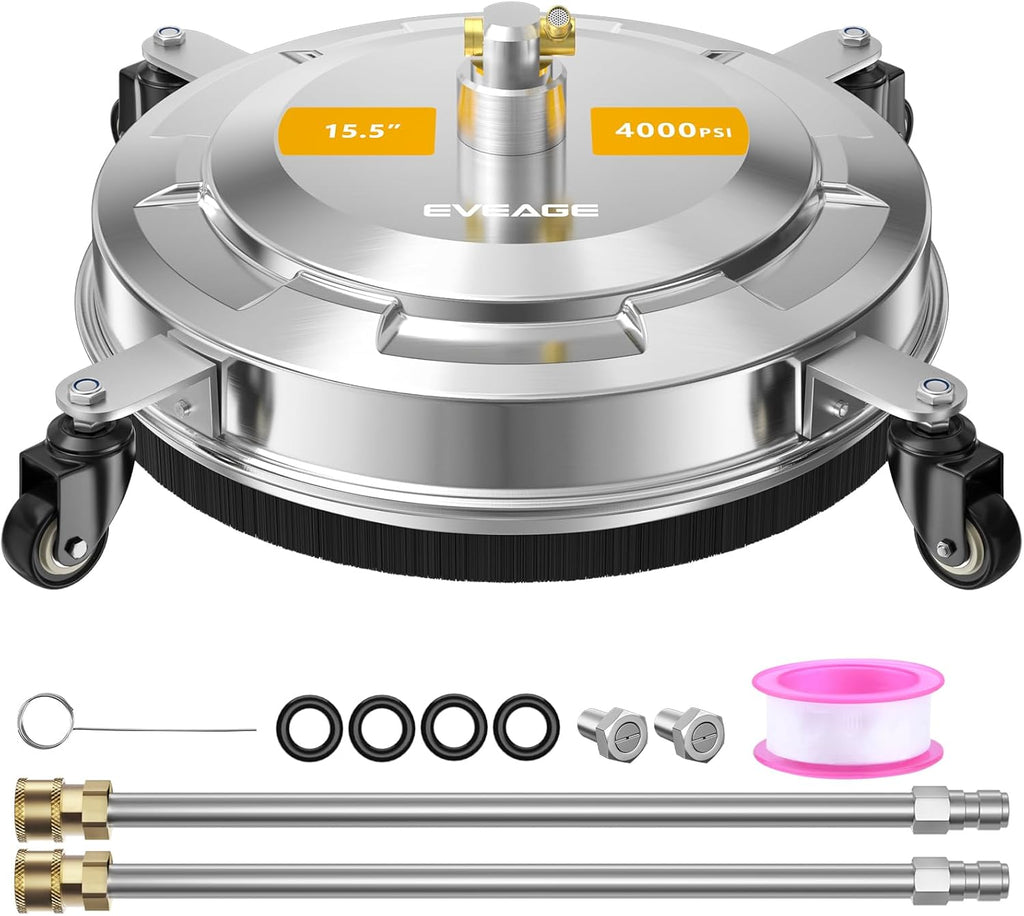 SOLO CONTIENE LAS 4 RUEDAS Y LOS 2 TUBOS Limpiador de Superficies EVEAGE 15.5" para Hidrolavadora | Con 4 Ruedas | Carcasa de Acero Inoxidable | 2 Varas de Extensión | 4000 PSI