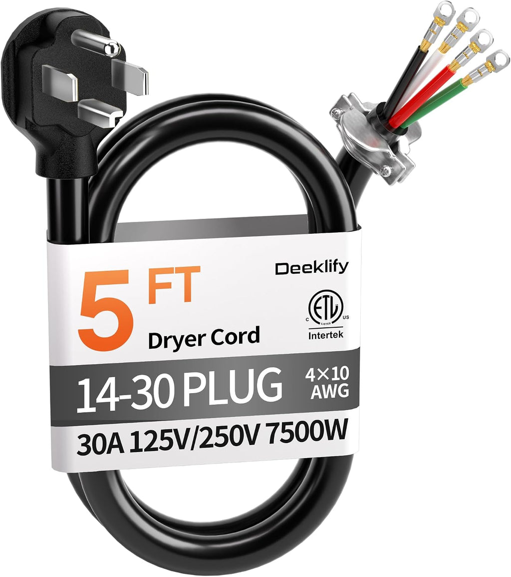 Cable para secadora Deeklify de 1, 5 m (5 pies), 4 clavijas, 30 amperios, calibre 10, repuesto de cable de alimentación para secadora, cable de cobre puro de 4 hilos con enchufe NEMA 14-30P y terminales de anillo, 250 V, 7500 W, color negro