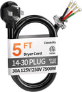 Cable para secadora Deeklify de 1, 5 m (5 pies), 4 clavijas, 30 amperios, calibre 10, repuesto de cable de alimentación para secadora, cable de cobre puro de 4 hilos con enchufe NEMA 14-30P y terminales de anillo, 250 V, 7500 W, color negro