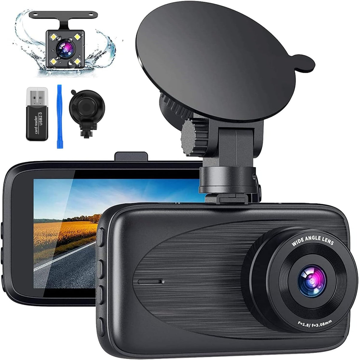 Camara de Tablero Biuone Frontal y Trasera 1080P FHD | Pantalla IPS 3 pulgadas | Angulo Amplio 170 Grados | Vision Nocturna, Sensor G, Grabacion en Bucle, Monitor de Parqueo y WDR