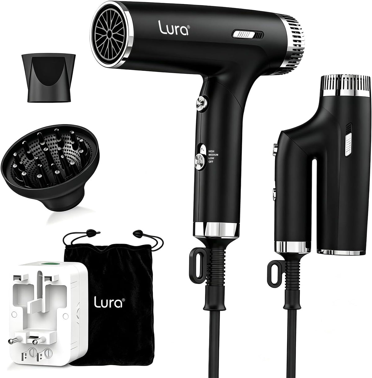 Secador de pelo LURA Auto Dual Voltage para viajes internacionales, secadores de pelo de viaje con difusor, secador de pelo pequeño y portátil para mujeres (rosa), ligero, mini secador de pelo compacto con mango plegable para niños.