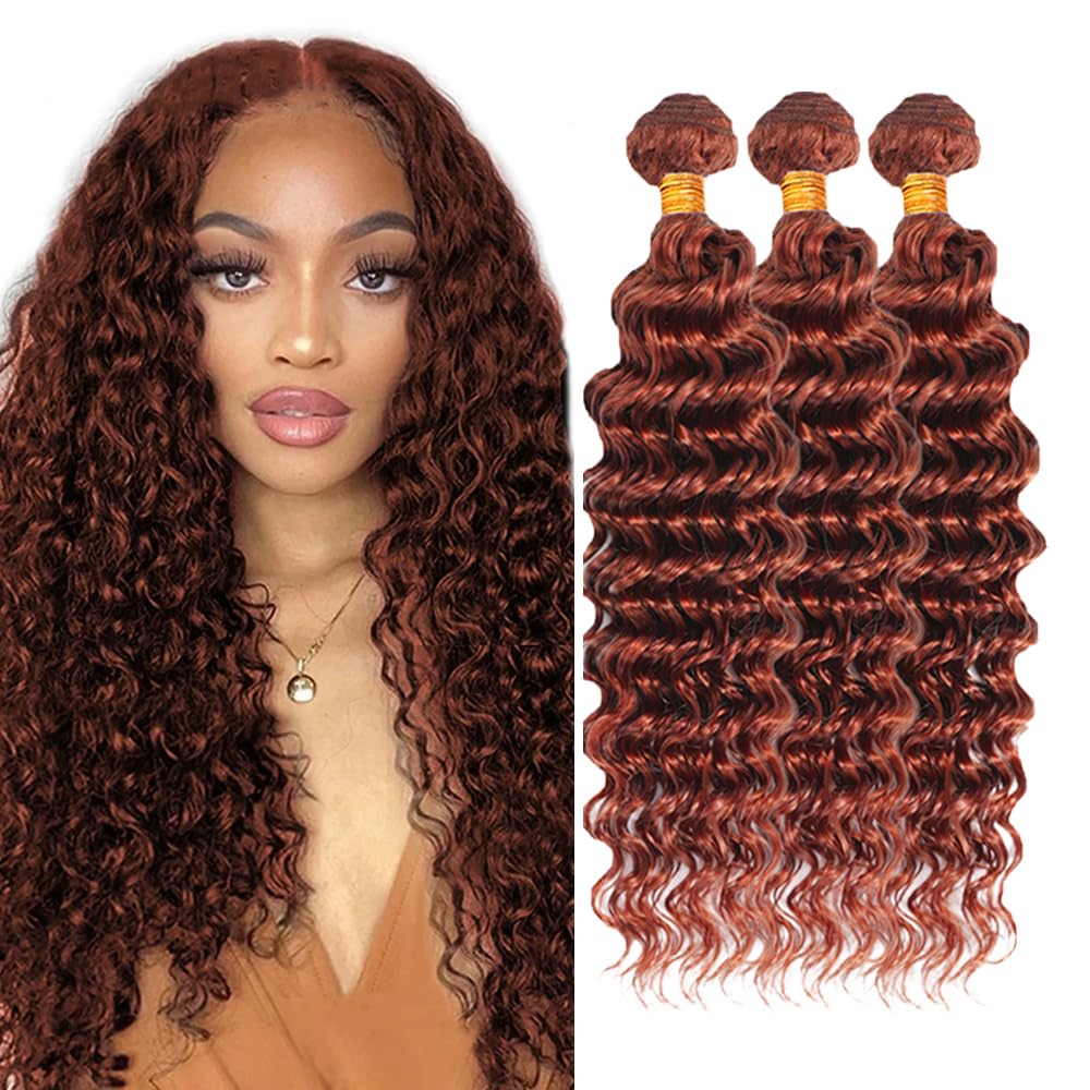 Cabello Humano #33 Castano Rojizo Deep Wave 24 26 28 Pulgadas | 3 Bundles Cabello Virgen Brasileno sin Procesar 50g por Bundle | Extensiones