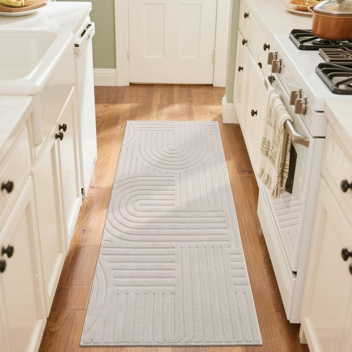 Alfombras SHACOS suaves, acogedoras y mullidas con diseño de arco, pelo alto y bajo, 60 x 150 cm, antideslizantes, lavables, estilo escandinavo minimalista, alfombra geométrica moderna para dormitorio, baño, pasillo y sala de estar, color beige.