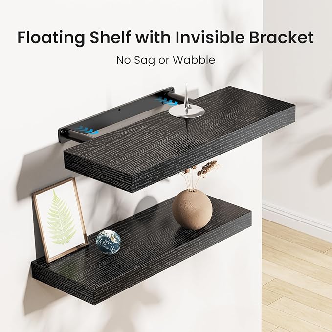 AMADA HOMEFURNISHING - Estantes flotantes negros, estantes de pared con soportes invisibles para dormitorio, baño, sala de estar, cocina, juego de 3 - AMFS07