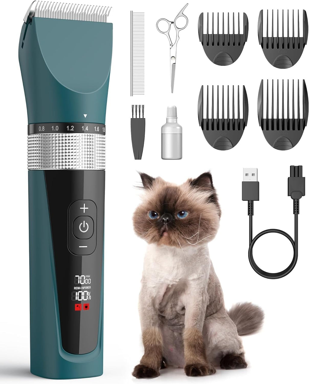 Cortapelos para gatos Oneisall para pelo enmarañado, kit de aseo silencioso de 5 velocidades, afeitadora inalámbrica para pelo largo, recortadora de pelo impermeable, cortapelos para gatos (verde) 