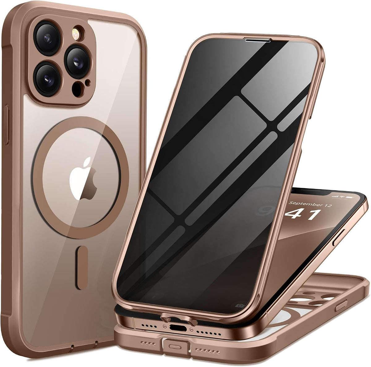 Funda BERFY para iPhone 13 Pro Max, compatible con MagSafe, protector de pantalla de privacidad integrado, protección de cámara, funda protectora integral a prueba de golpes de 6.7", color marrón transparente.