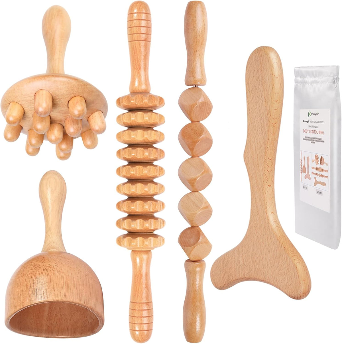 Herramientas de masaje de terapia de madera Komogir 5 en 1, masajeador de drenaje linfático, kit de maderoterapia, masajeador de madera, herramientas para esculpir el cuerpo para aliviar el dolor muscular, combatir la celulitis