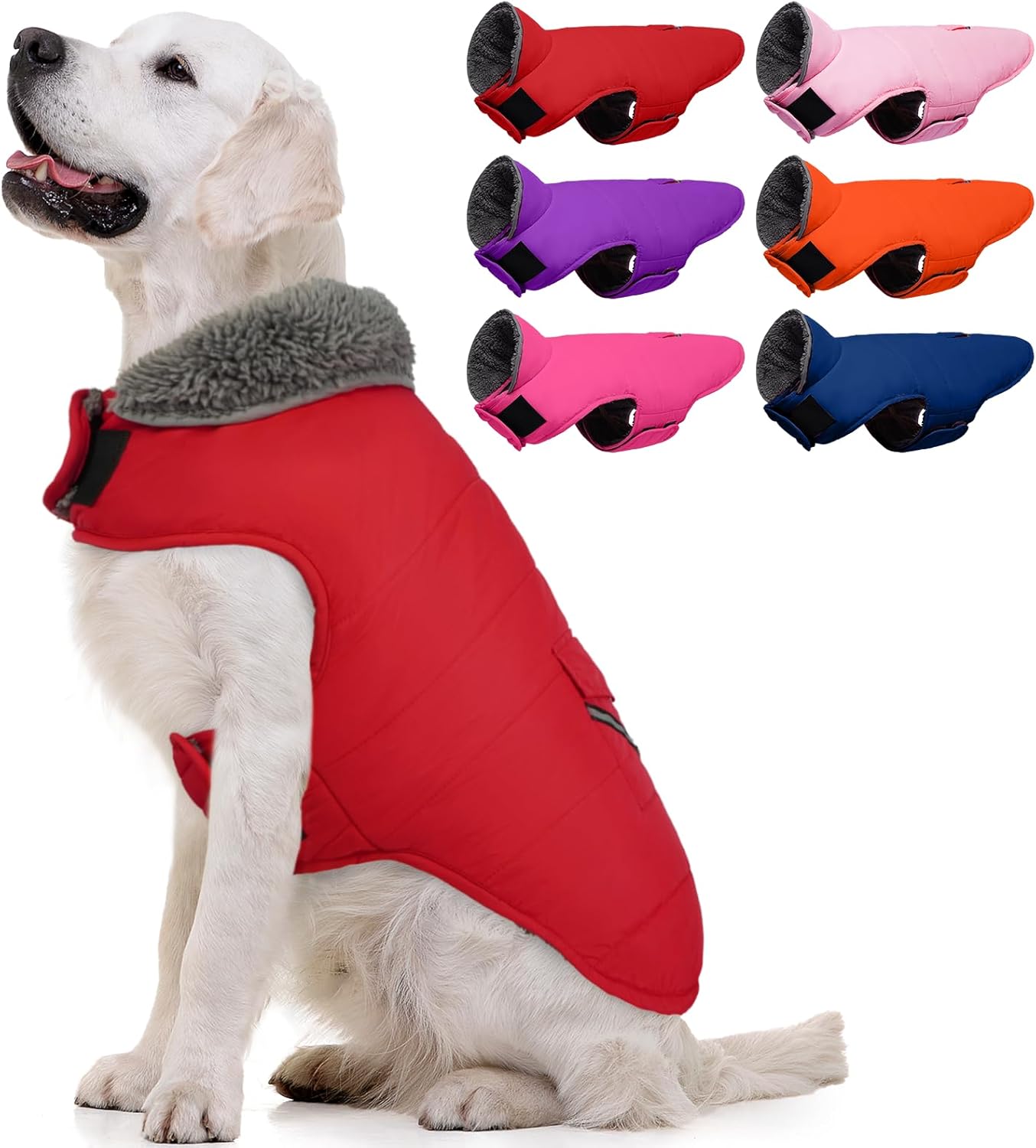 Abrigo de invierno cálido para perros MIGOHI - Chaqueta de invierno para perros, chaleco polar reflectante a prueba de viento con orificio para correa y cuello peludo 