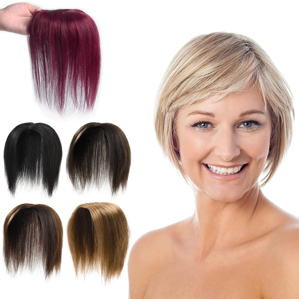 Peluca Clip de Cabello Humano Remy Borgoña 16 Pulgadas | Toupé sin Costuras con Base de Encaje para Engrosar el Cabello