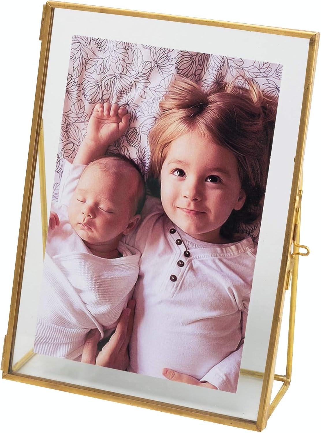 Marco de Fotos Levilan 5x7 – Estilo Vintage, Oro Envejecido, Latón con Cristal Prensado y Pie