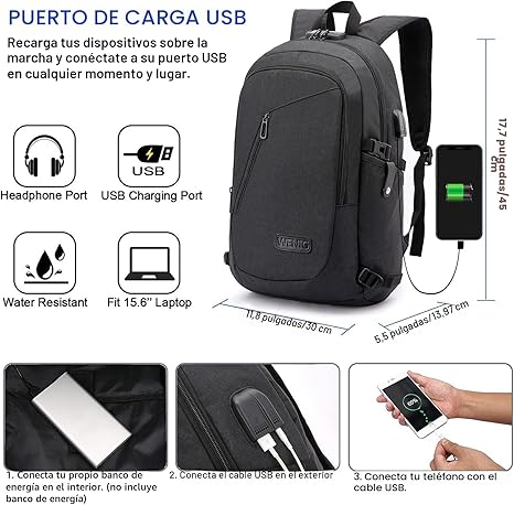 Mochila antirrobo para portátil de viaje con puerto de carga USB y cerradura, mochila de trabajo delgada y resistente al agua para hombres, mochilas de la universidad, se adapta a portátiles