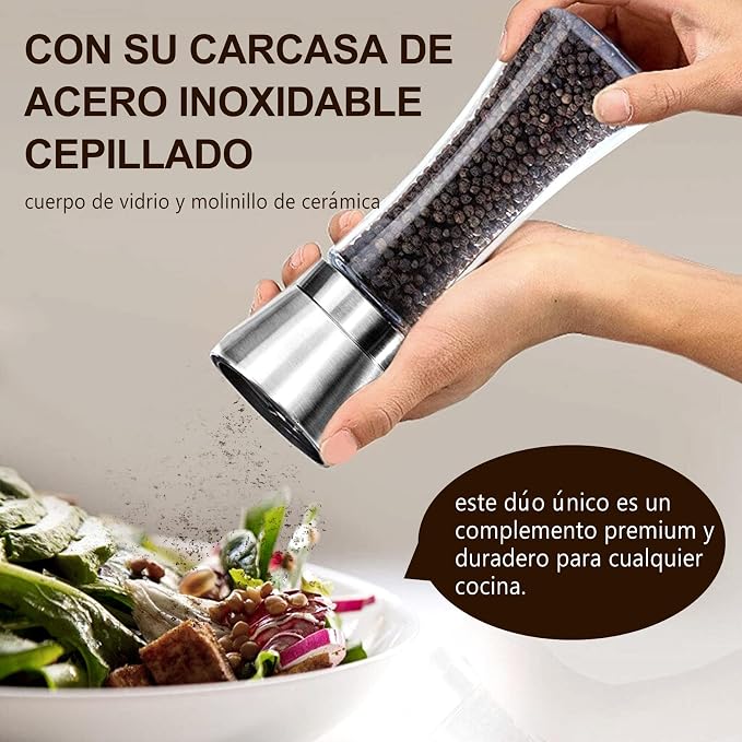 Molinillo de Pimienta O Sal 2Pcs: Multifuncional Moledor de Especias de Acero Inoxidabley Vidrio con Rudeza Ajustable para Pimienta, Especias o Sal Marino (6 oz/180 ml) ﻿