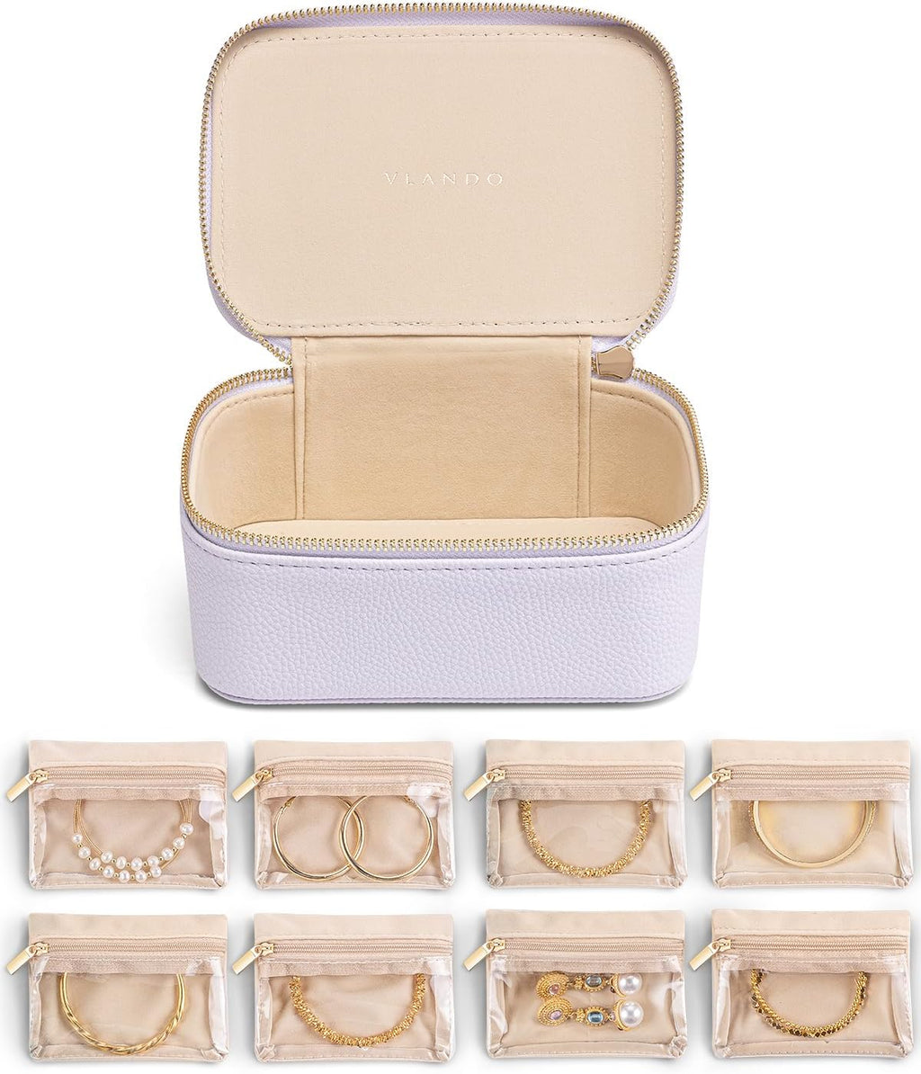 Vlando Travel Jewelry Case with 8 Velvet Jewelry Bags Travel Jewelry Storage Box Jewelry Organizer for Necklace Rings Earrings Teen Girls Gifts Trendy Stuff -Purple