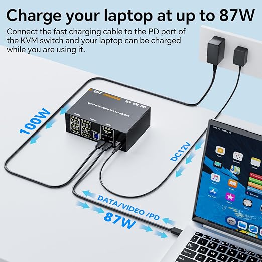 KVM Switch para 3 Monitores 4K@60Hz — USB-C HDMI, 1 Laptop y 1 Desktop, Docking Station, 4 USB 3.0, Carga PD 87W
