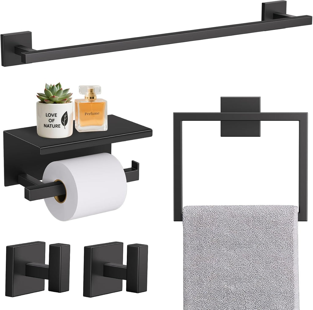 Juego de accesorios de baño TURS de 5 piezas en negro mate: barra para toallas de 23,6" y soporte cuadrado para papel higiénico de pared con estante, de acero inoxidable.
