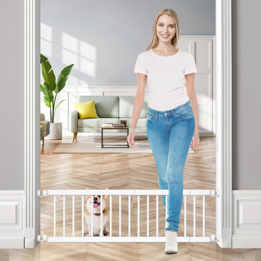Puerta para perros Fldofaves - Puerta metálica extra ancha ajustable de 45 cm a 114 cm para bebés, puerta para mascotas pequeñas de 25 cm de altura con 3 kits de extensión, montaje a presión para puertas y escaleras.