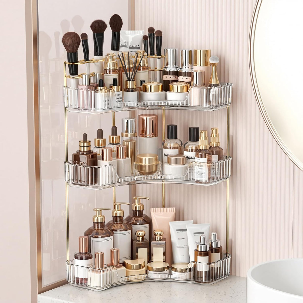 ES DE 2 NIVELES-Organizador de encimera de baño de esquina BEFSOP, organizador de maquillaje de encimera mejorado de 2 niveles con soporte para brochas de maquillaje, organizadores de tocador exquisitos para el cuidado de la piel (TRANSPARENTE)