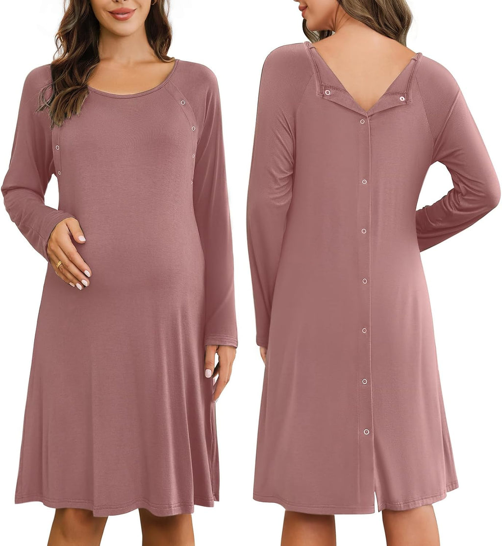 Ekouaer Bata de Maternidad para Mujer | Camisón de Parto, Lactancia y Hospital | Botones al Frente, Manga Larga | Rosa Empolvado, Talla L