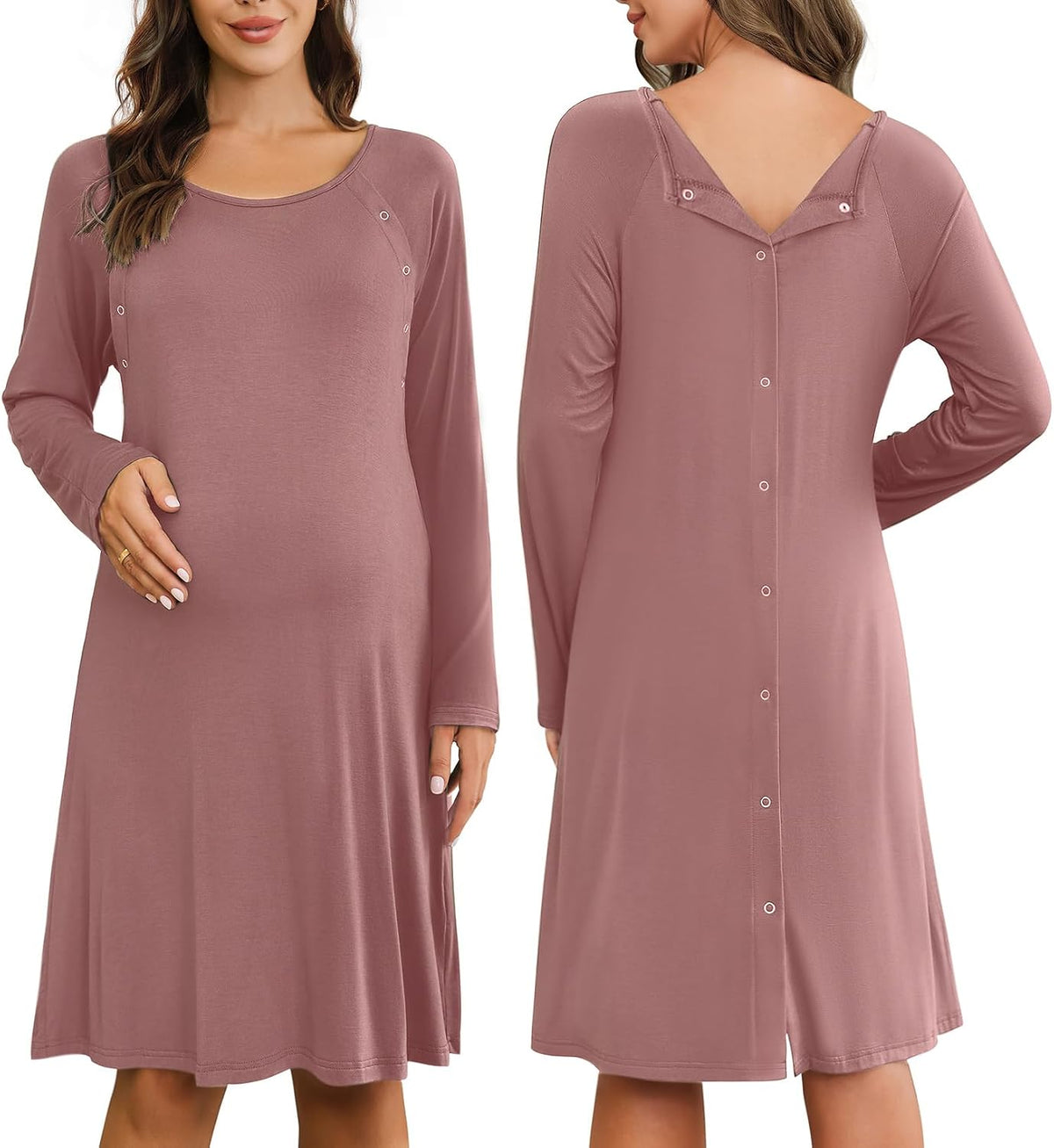 Ekouaer Bata de Maternidad para Mujer | Camisón de Parto, Lactancia y Hospital | Botones al Frente, Manga Larga | Rosa Empolvado, Talla L