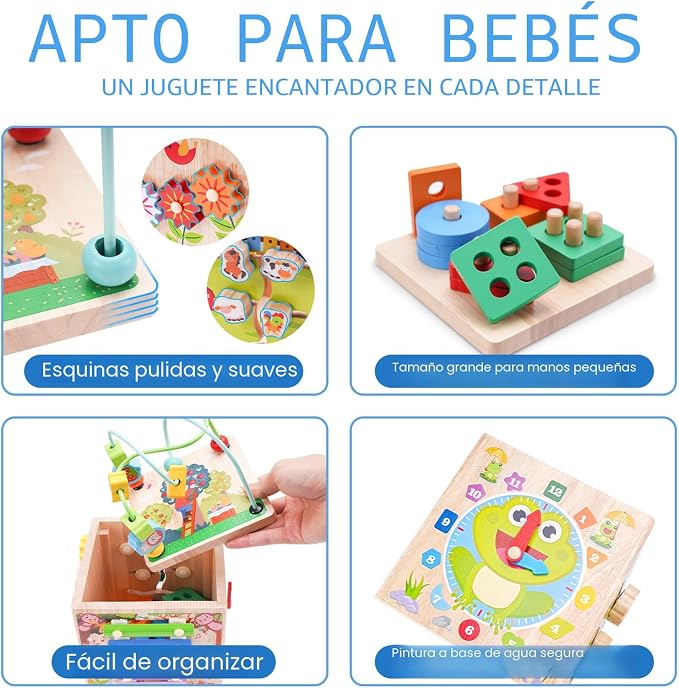 Cubo de Actividades de Madera Montessori Rosa — Juguete Educativo para Bebés y Niños de 1 a 3 Años