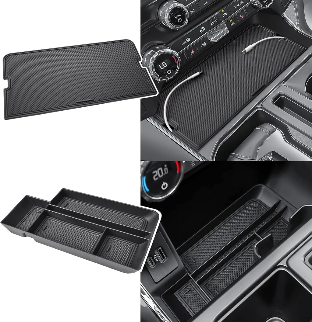 Organizador de Consola Central X-TKER para Ford F-150 2021-2026 y F-150 Lightning | Accesorios de Camioneta, Bandeja Oculta con Tapa y Compartimento Frontal, 2 Piezas