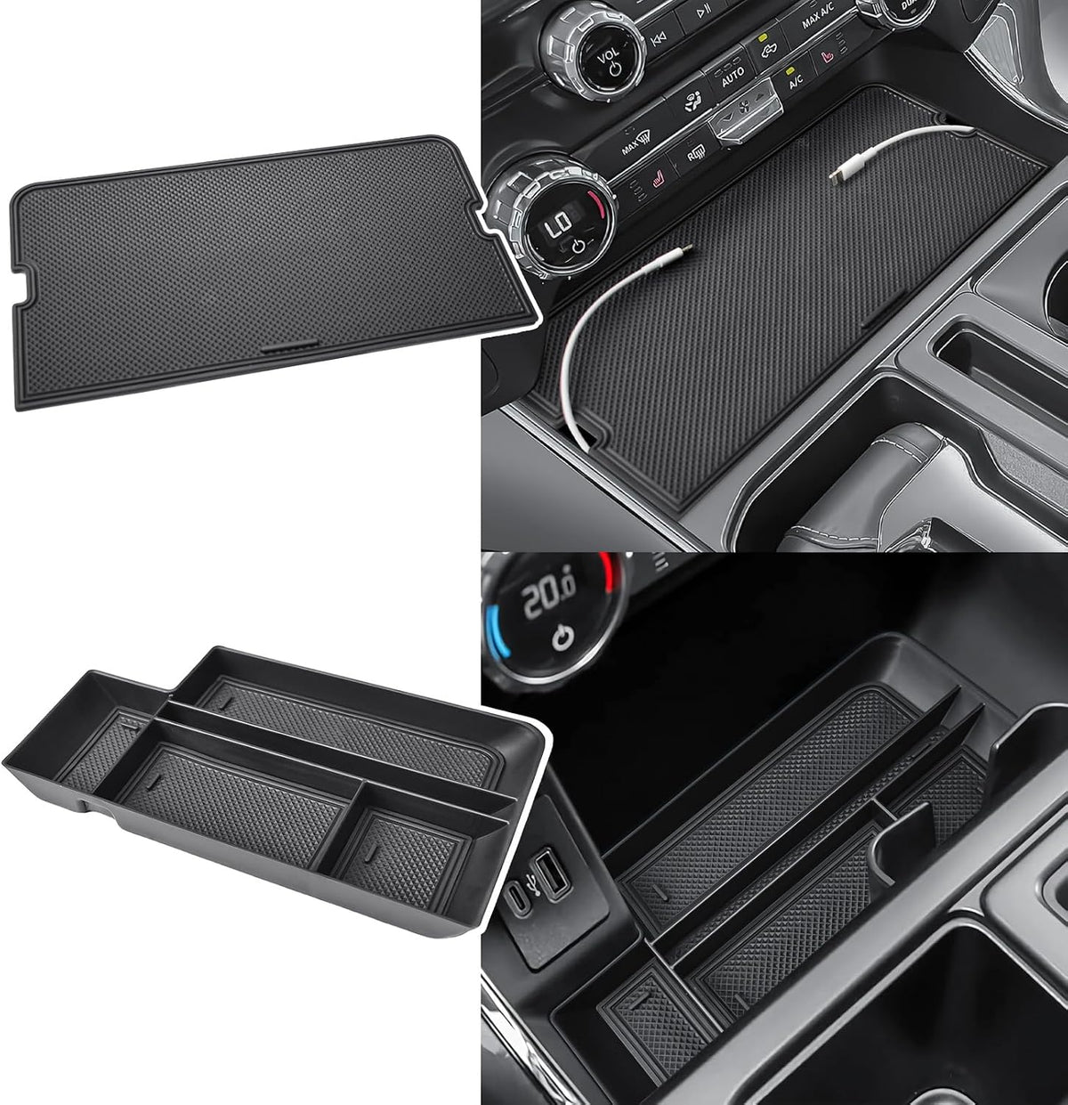 Organizador de Consola Central X-TKER para Ford F-150 2021-2026 y F-150 Lightning | Accesorios de Camioneta, Bandeja Oculta con Tapa y Compartimento Frontal, 2 Piezas
