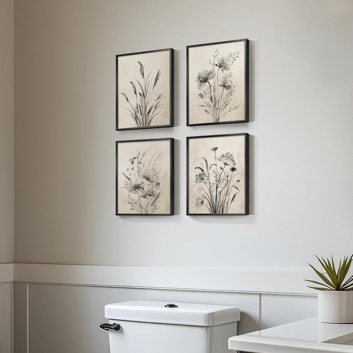 Cuadros botánicos vintage enmarcados para pared, 2 piezas de lienzos florales rústicos bohemios para casas de campo modernas, imágenes de flores neutras en blanco y negro para baño, dormitorio, pasillo, cocina y decoración del hogar, 8x10