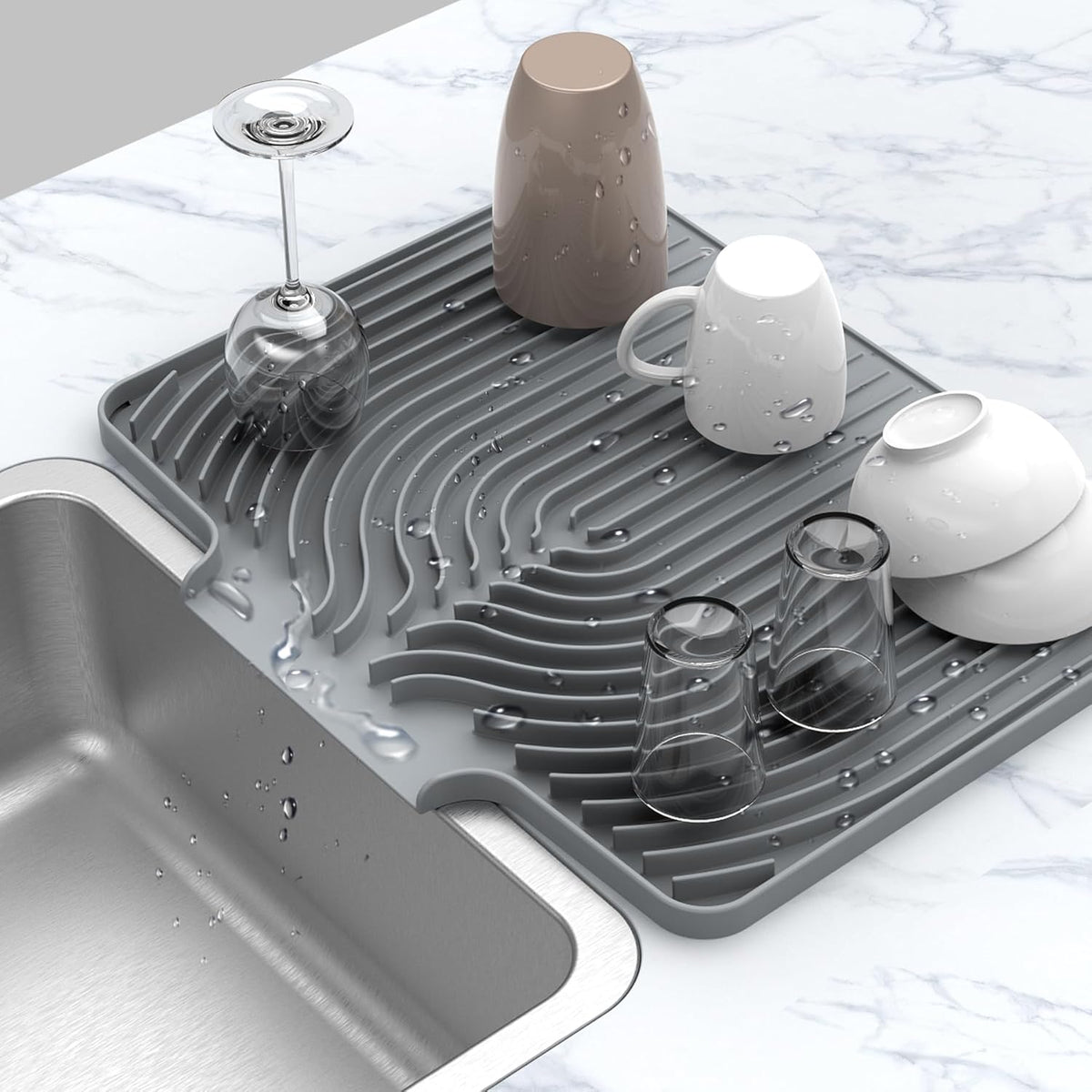 Tapete de Silicona para Secar 51x40cm | Escurridor de Platos con Drenaje Integrado Extra Grande para Cocina Gris