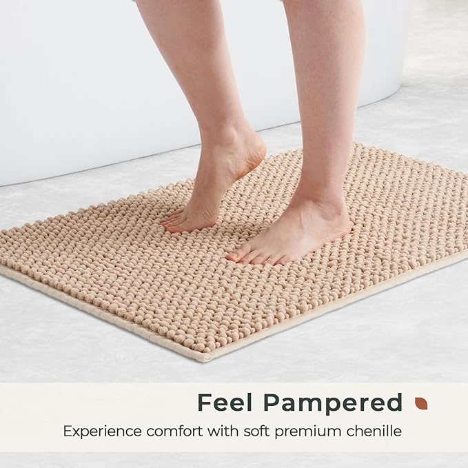 FRESHMINT - Juego de 2 alfombras de baño de chenilla, beige, 17 x 24 pulgadas + 20 x 47 pulgadas