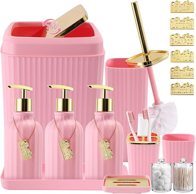Set de Accesorios de Baño WSBArt 17 Piezas — SIN Cepillo de Inodoro — Papelera, Dispensadores de Jabón e Hisopos, Rosa
