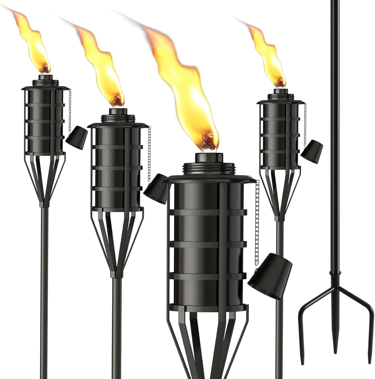 FALBAWR Upgraded Citronella Garden Torch Set of 4, Large Capacity 16oz Metal Torch for Outside, 59.5 Inch Black Home Torches with 3-Prong Grounded Stake, Metal Torch Light for Party Patio Pathway