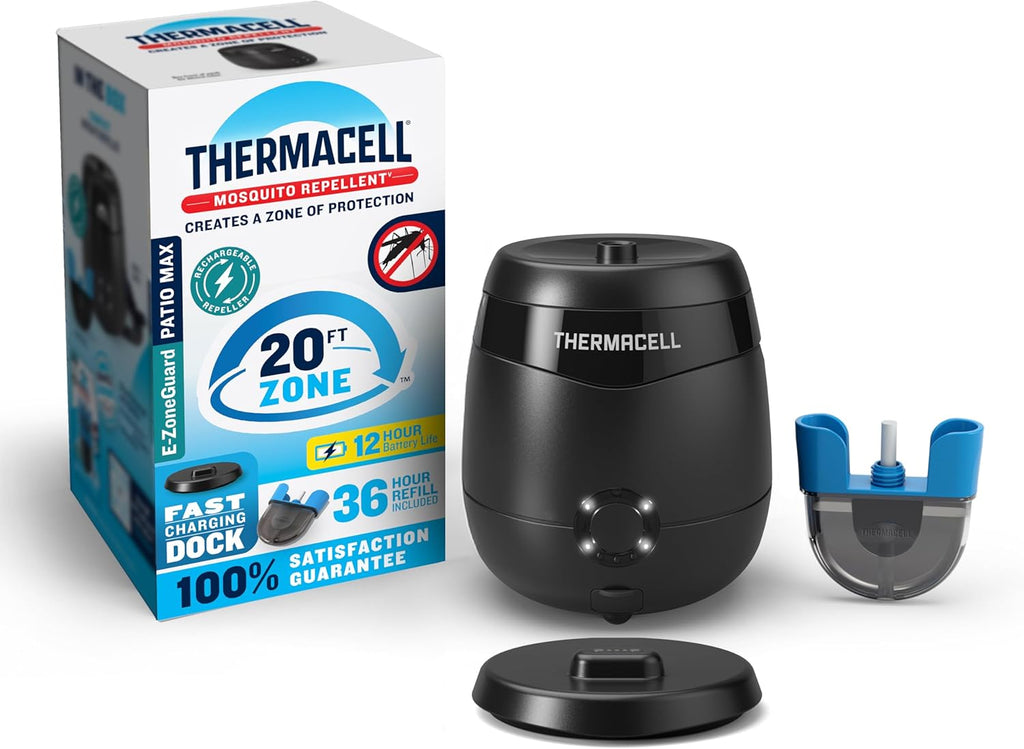 Repelente de mosquitos recargable Thermacell E-ZoneGuard Patio Max con zona de protección exterior científicamente probada de 6 metros; batería de 12 horas; recarga de 36 horas; alternativa al repelente de insectos en aerosol; base de carga rápida.