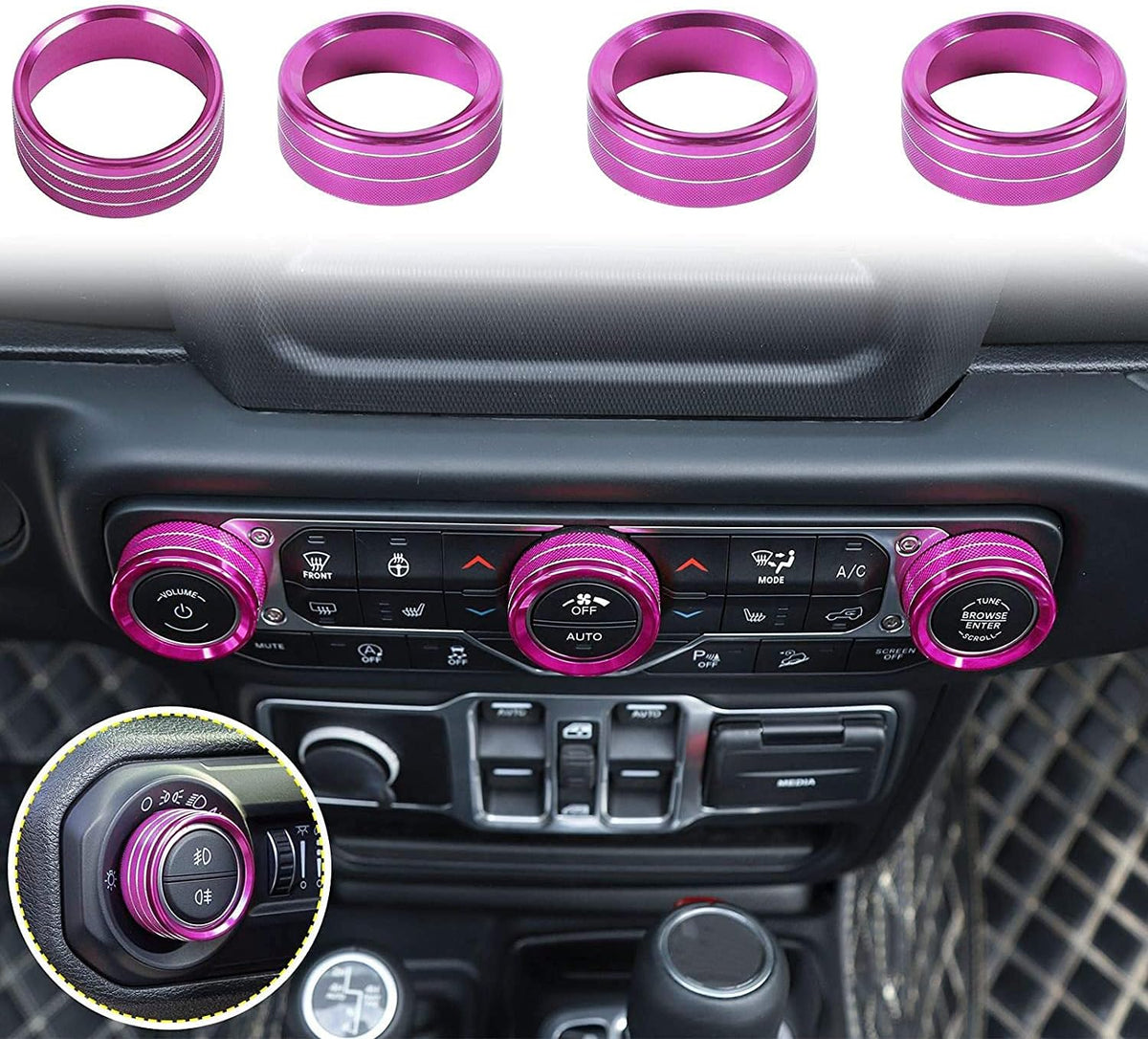 Embellecedor de la cubierta del interruptor de la consola central del faro del aire acondicionado Voodonala para Jeep Wrangler JL JLU Gladiator JT 4xe 2018-2026+ Accesorios interiores, aleación de aluminio rosa, 4 piezas