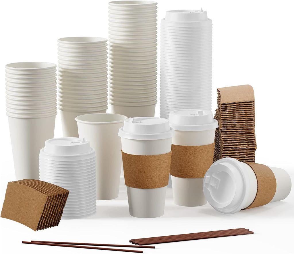 JOLLY PARTY [Paquete de 50] Vasos de papel para café de 16 oz, desechables con tapas, fundas y agitadores, para bebidas frías o calientes, agua, jugo o té, aptos para el hogar, tiendas y cafeterías. 