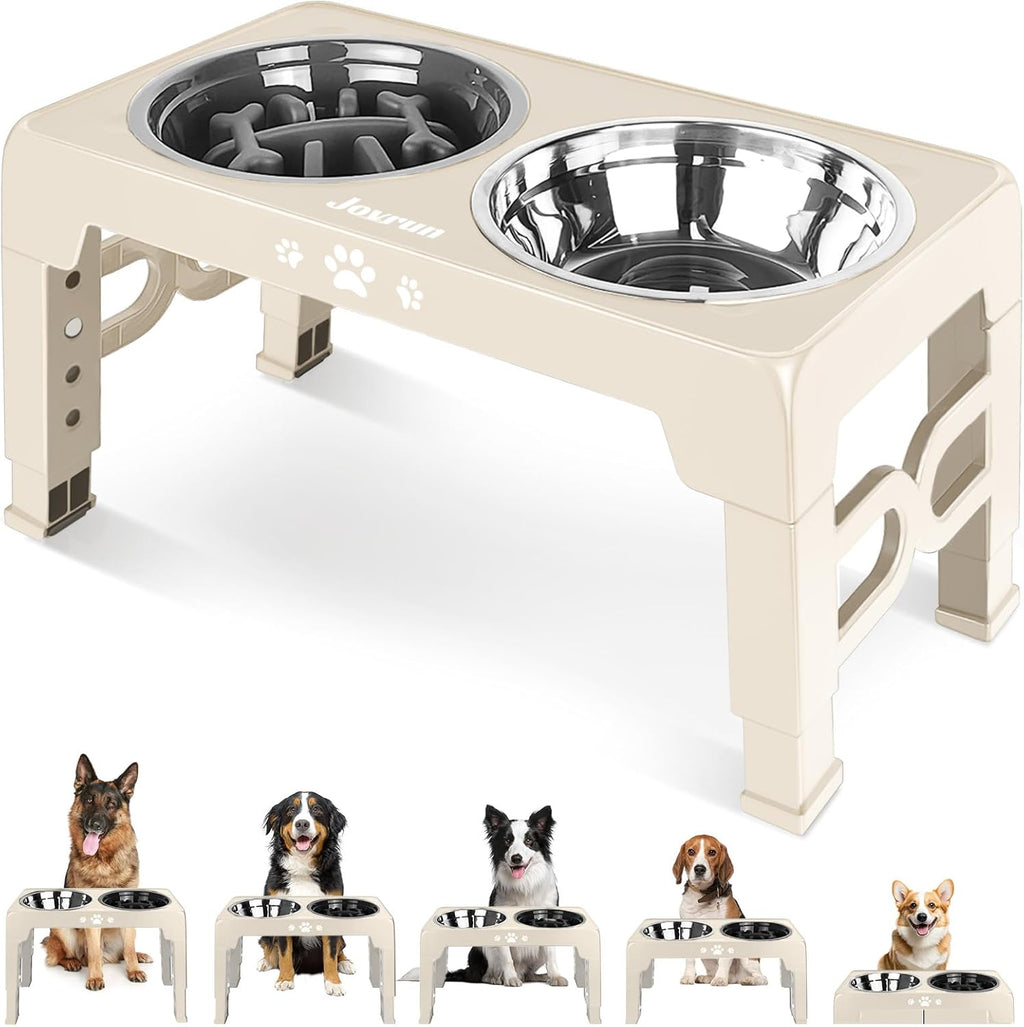 Jovrun Elevated Dog Bowls, Dog Feeder with Stainless Steel Dishes & Slow Feeder Bowl, 5 Heights Adjustable Raised Stand for Medium Large, Food Dishes with Non-Slip Feet
