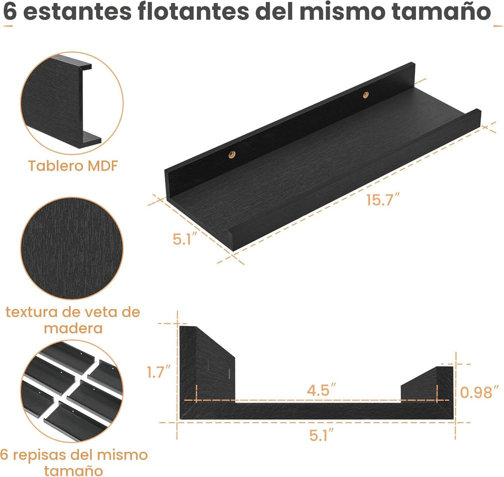 upsimples – Set 6 Repisas Flotantes de Pared | Madera Montada en Pared | Para Decoración y Almacenamiento | Dormitorio, Sala, Baño y Cocina | Color Negro