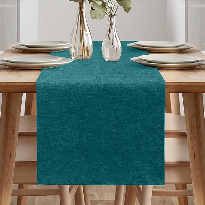Camino de mesa moderno de primavera, lavable, con aspecto de lino, repelente al agua, ideal para comedor, fiestas y decoración navideña (verde azulado, 40 x 140 cm).