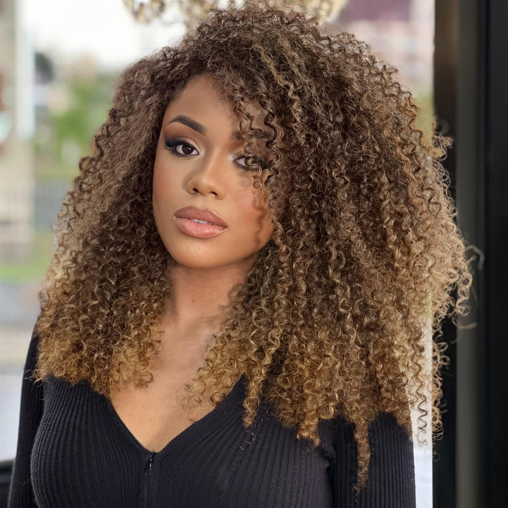 Peluca rizada HUA para mujeres negras, color castaño medio a rubio, 45 cm, rizos afro, 3 en 1, media peluca con cordón ajustable, clips sin costuras, densidad del 180%, cabello sintético de proteína con tacto similar al cabello humano.