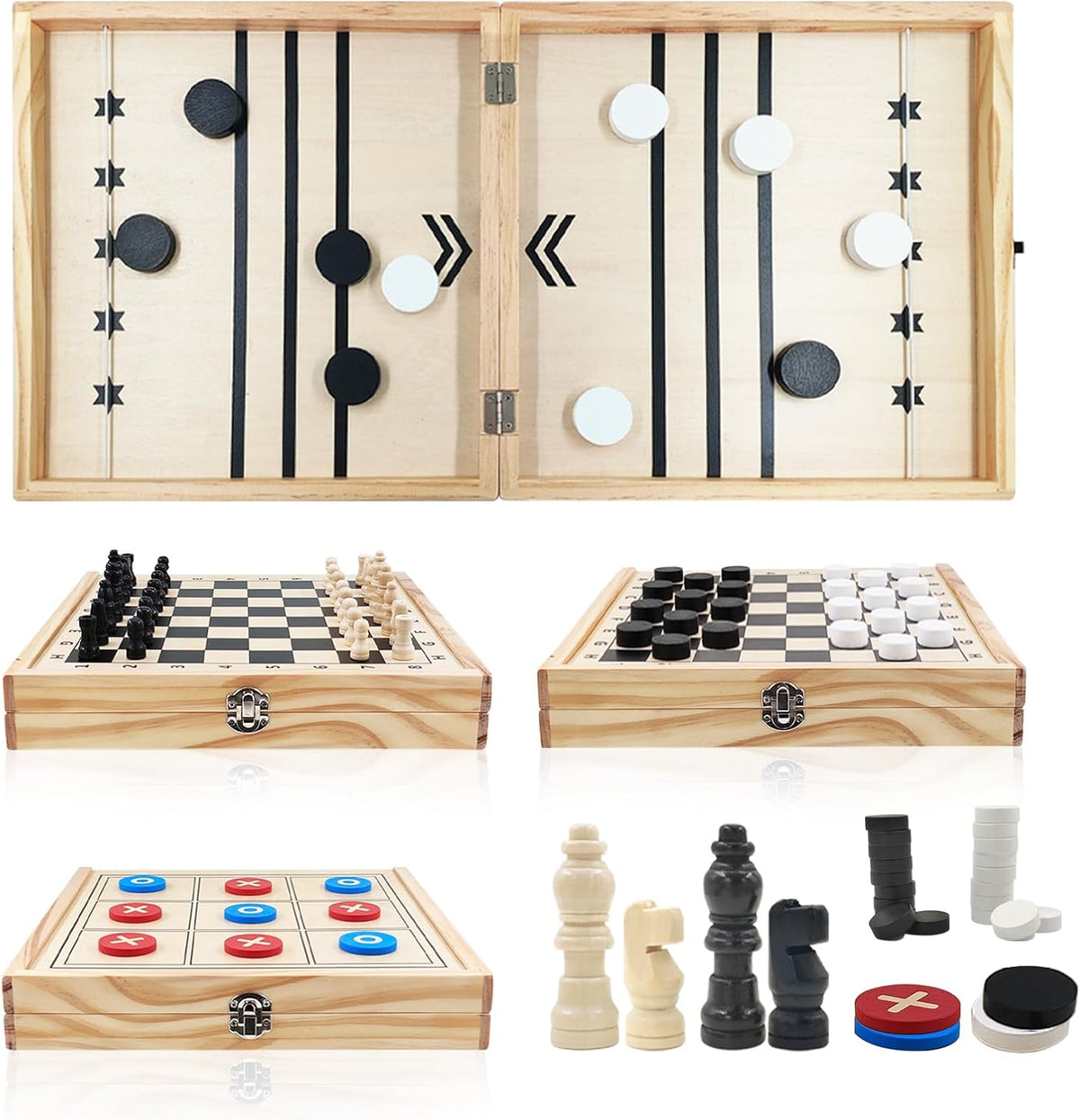LumWuds Juego de Mesa 4 en 1 de Madera Plegable | Fast Sling Puck | Ajedrez, Tres en Raya, Damas | Para Ninos y Adultos | Portatil de Mesa | Juego Familiar para Viajes y Noche de Juegos
