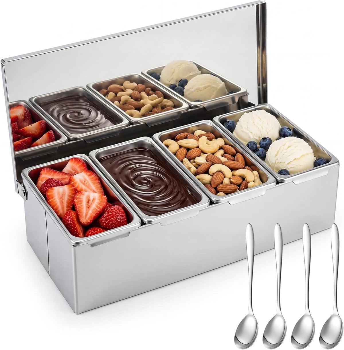 Bandeja refrigerada para condimentos Ferrochef de acero inoxidable con 4 compartimentos, bandeja para guarniciones con 4 compartimentos extraíbles, dispensador de condimentos refrigerados con tapa, recipientes para servir fruta.