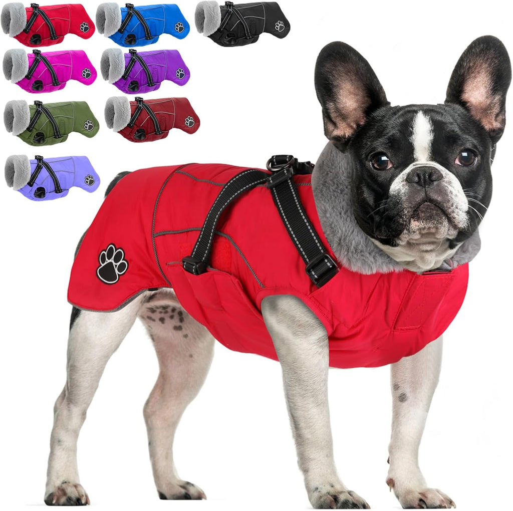 Doglay Dog Jacket Waterproof Dog Coat with Harness Built in, Christmas Puppy Winter Coat Reflective Turtleneck Puffer Snow Jackets for Small Medium Large Dogs