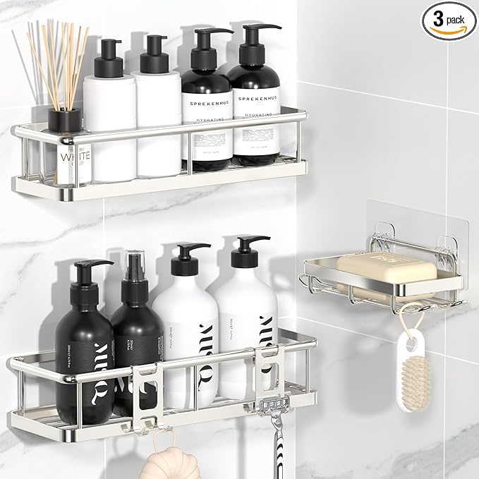 YASONIC - Organizador de ducha con adhesivo, organizador de ducha a prueba de óxido con soporte para jabón, estantes de ducha de gran capacidad para ducha interior, organizadores de baño sin perforaciones