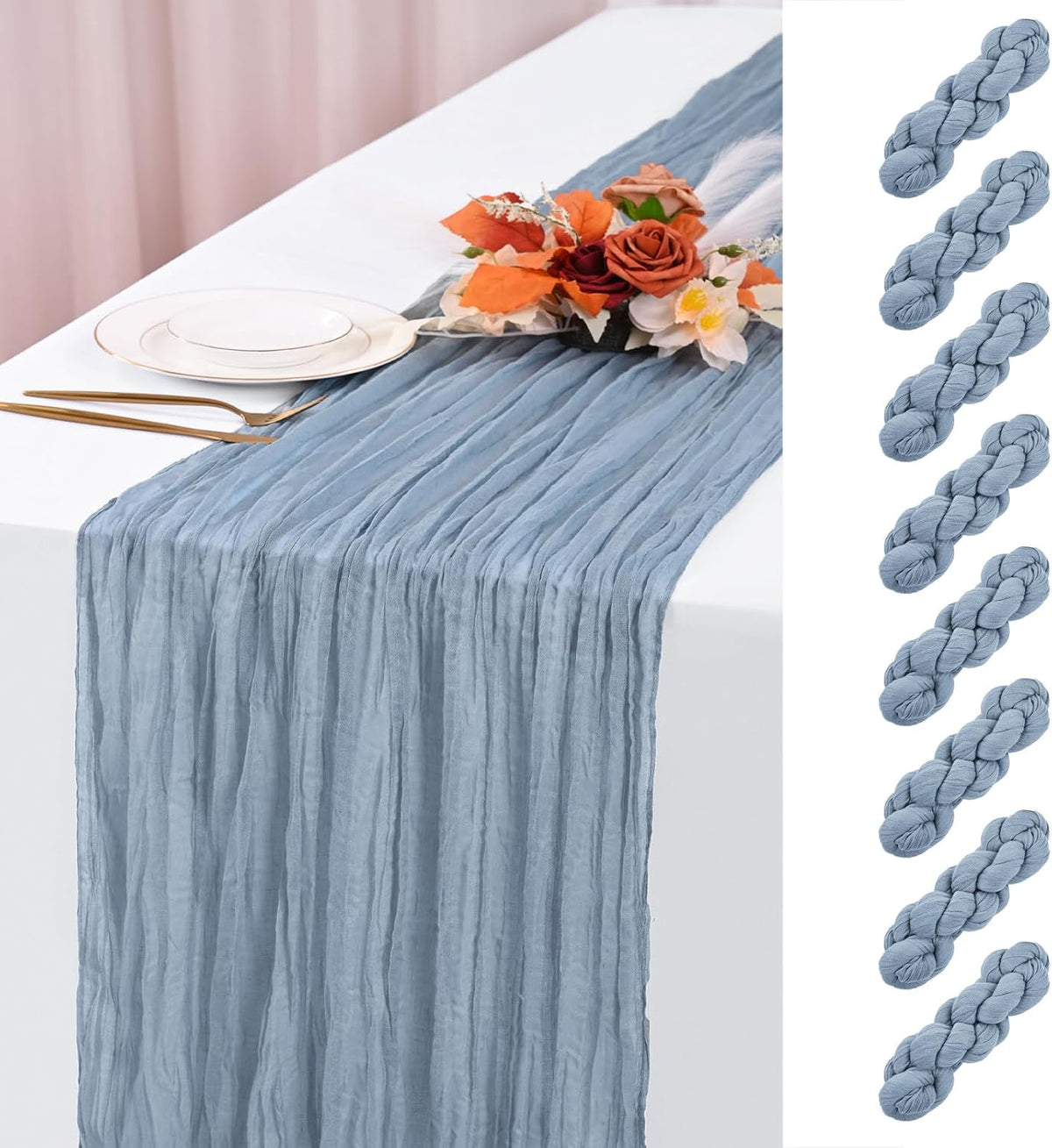 Paquete de 8 caminos de mesa de gasa azul empolvado de 305 cm (120 pulgadas) y 3 metros (10 pies) de largo, estilo bohemio rústico y transparente, ideales para bodas, baby showers y fiestas de cumpleaños.