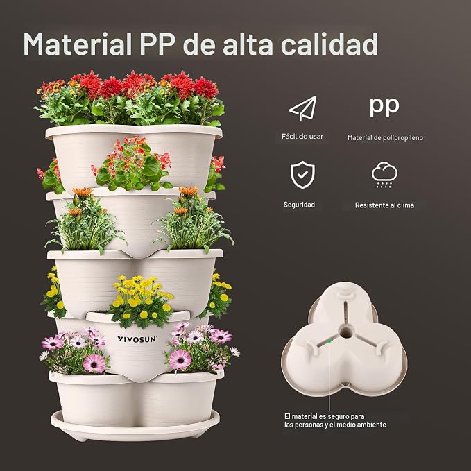 VIVOSUN Paquete de 2 macetas verticales apilables de 5 niveles para fresas, flores, hierbas, verduras, marfil