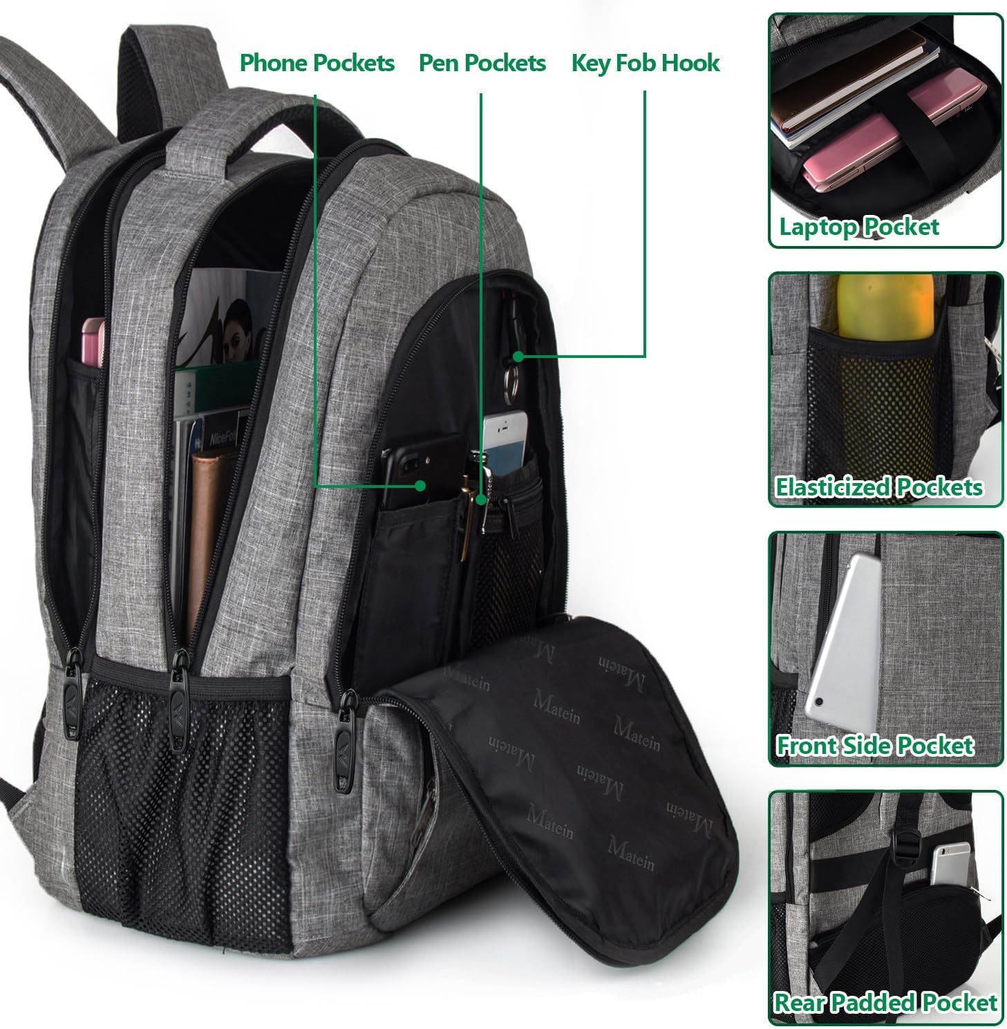 MATEIN - Mochila de viaje para laptop, mochila empresarial antirrobo, delgada, resistente, puerto de carga USB, impermeable, para universidad o escuela, para notebooks de 15.6 pulgadas, gris