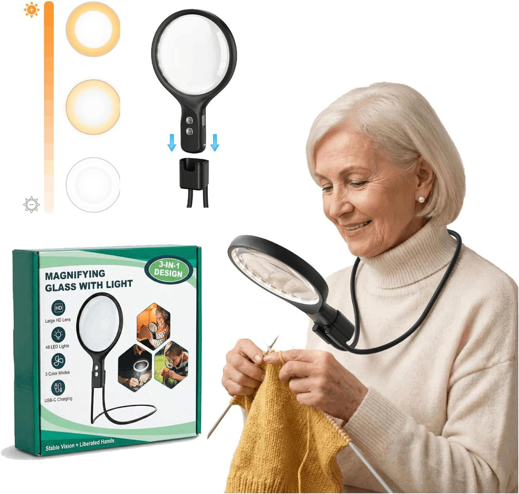 Lupa de Cuello Manos Libres con 48 Luces LED – 5X/10X para Lectura, Costura y Trabajos de Precisión