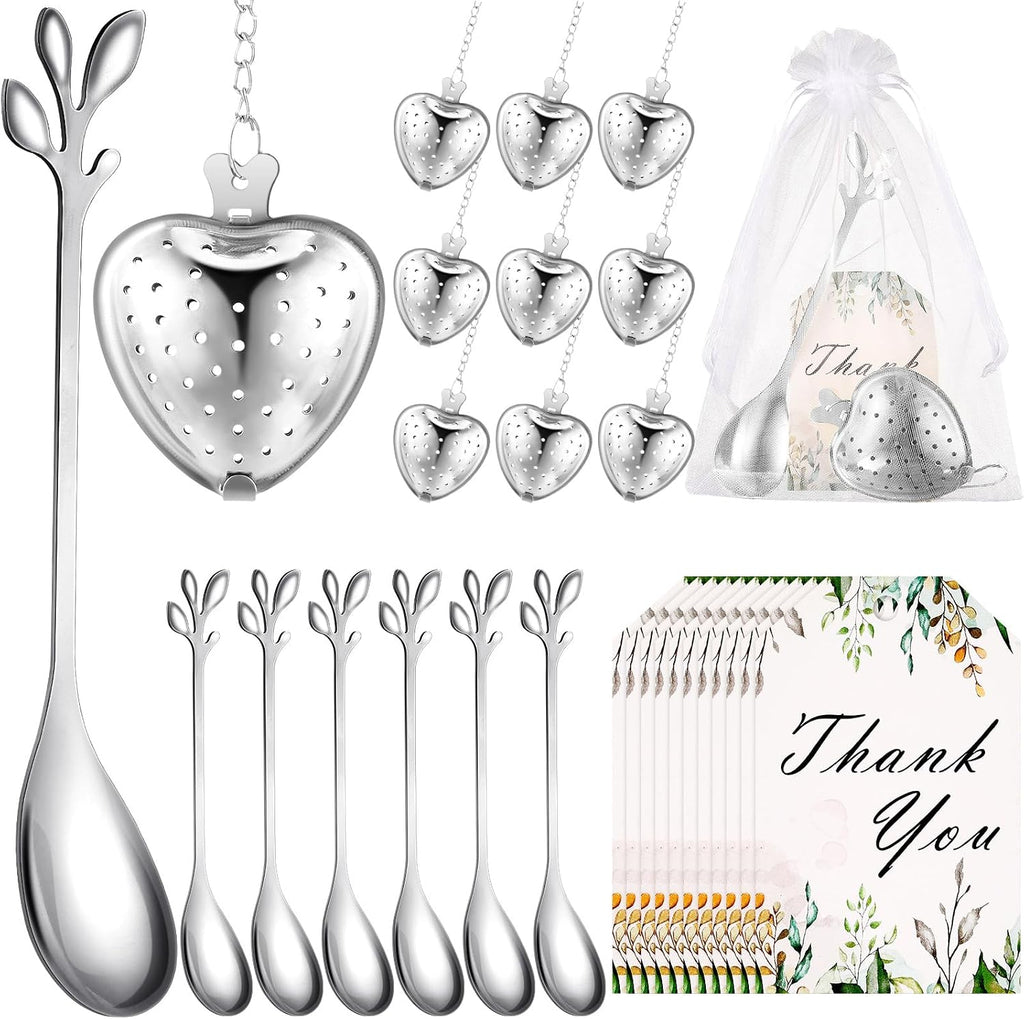 Yiyiring  juegos de recuerdos para despedida de soltera, fiesta de té, cuchara de té con forma de hoja y bola infusora en forma de corazón para té suelto, con tarjeta de agradecimiento y bolsa de organza, regalo de recuerdo de boda (plateado)