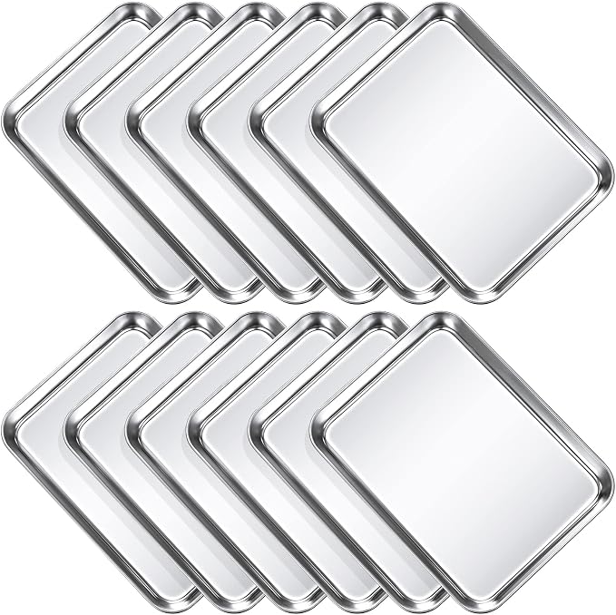 Potchen Juego de 12 bandejas para hornear de acero inoxidable, bandeja para horno tostadora, bandeja para parrilla, bandejas rectangulares para horno, congelador, panadería, antiadherente, fácil de limpiar, 9 x 6.7 x 1 pulgadas