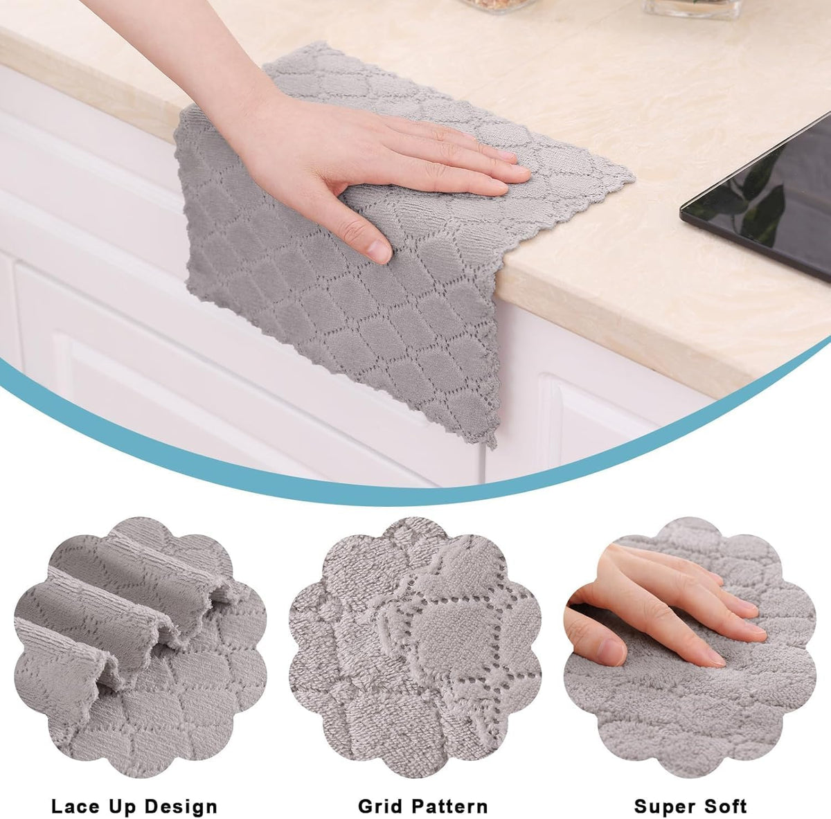 Paquete de 12 paños de cocina Homaxy (25 x 25 cm, gris), paños de cocina de terciopelo coral supersuaves y absorbentes, paños de limpieza de microfibra antiadherentes de secado rápido, paños de cocina domésticos sin pelusa.